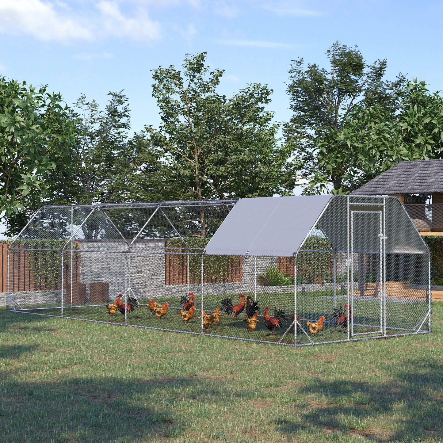 Chicken Run Outdoor, Galvanized Large Metal Chicken Coop Cage, Walk-in Enclosure Poultry Hen Run House Playpen Rabbit Hutch with Flat Roof, Cover