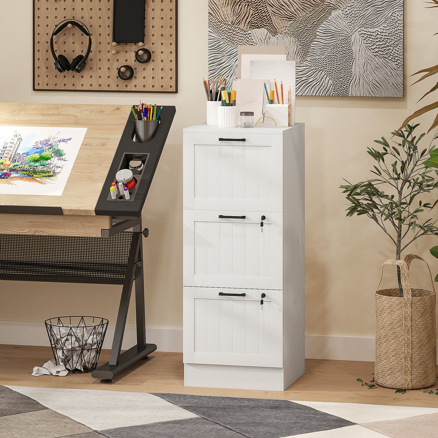 3 Drawer Filing Cabinet with Lock, Office Storage Cabinet with Adjustable Hanging Bars for A4 Letter Size Files, White