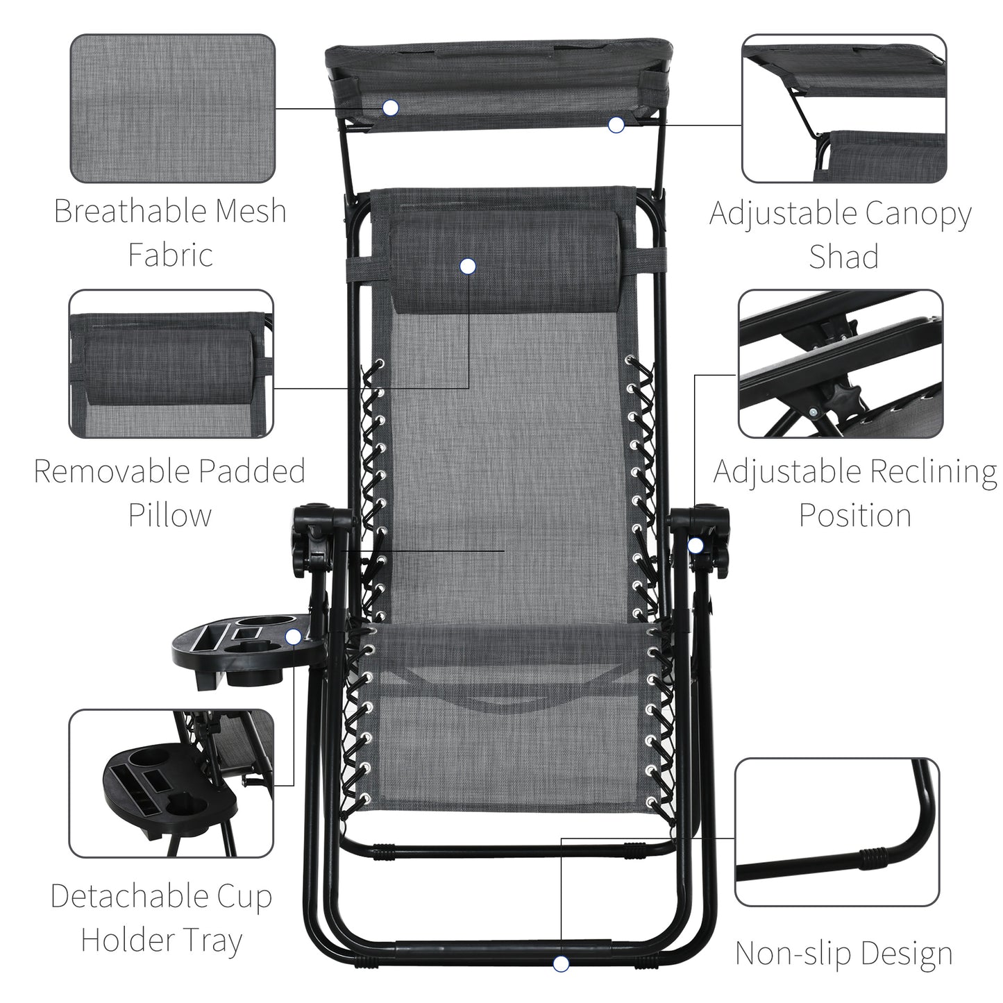 Outdoor Zero Gravity Reclining Lounger Chair with Canopy Shade, Side Tray, Cupholder, Light Grey