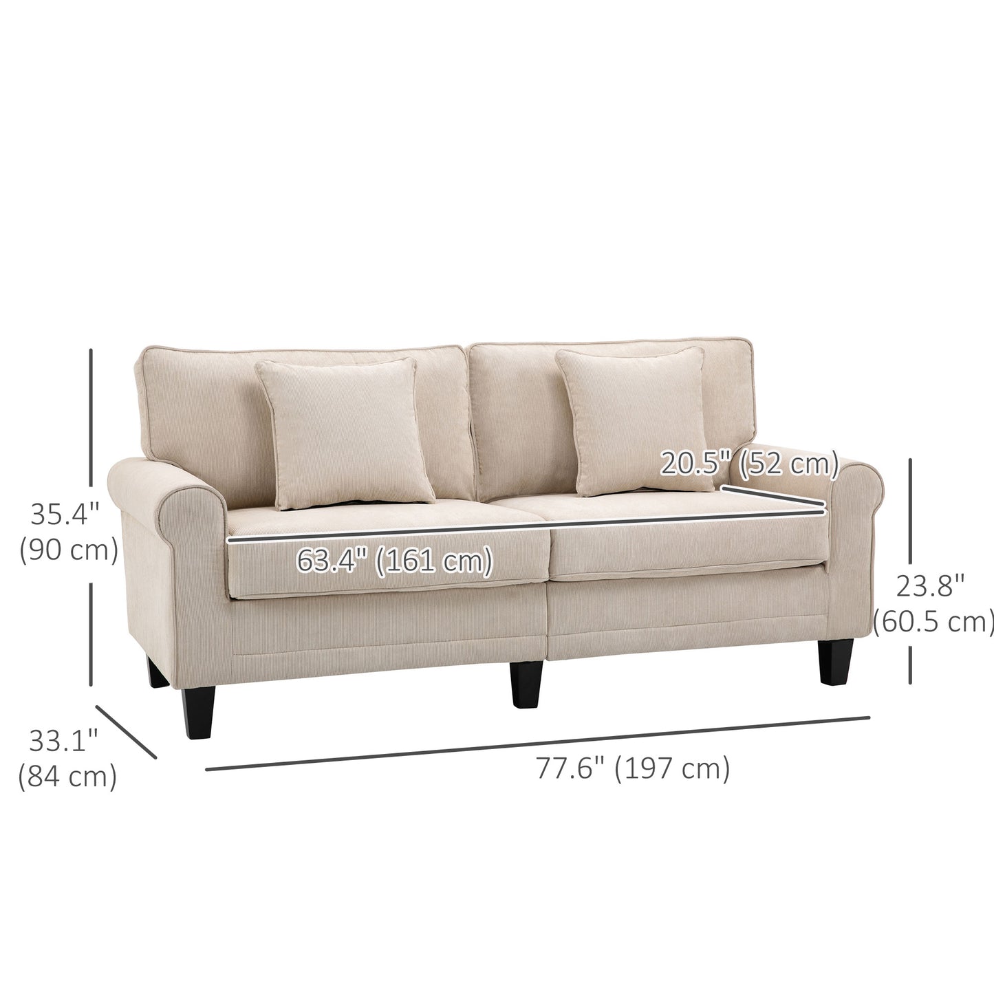 Modern 3 Seater Sofa, Corduroy Fabric 3 Seater Couch with Pine Wood Legs and Rolled Armrests for Living Room, Beige