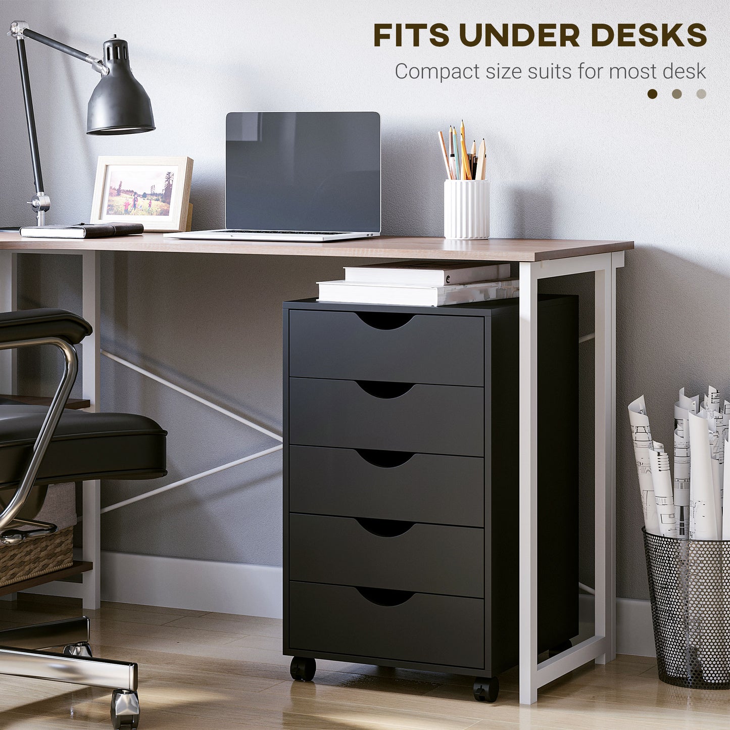 File Cabinet with 5 Drawer Wheels, 15.7" x 15.7" x 26.4", Black