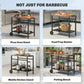 Outdoor Grill Cart, 2-Tier Pizza Oven Stand, BBQ Stand with Beverage Holder, Hooks, Wheels, Black and Brown
