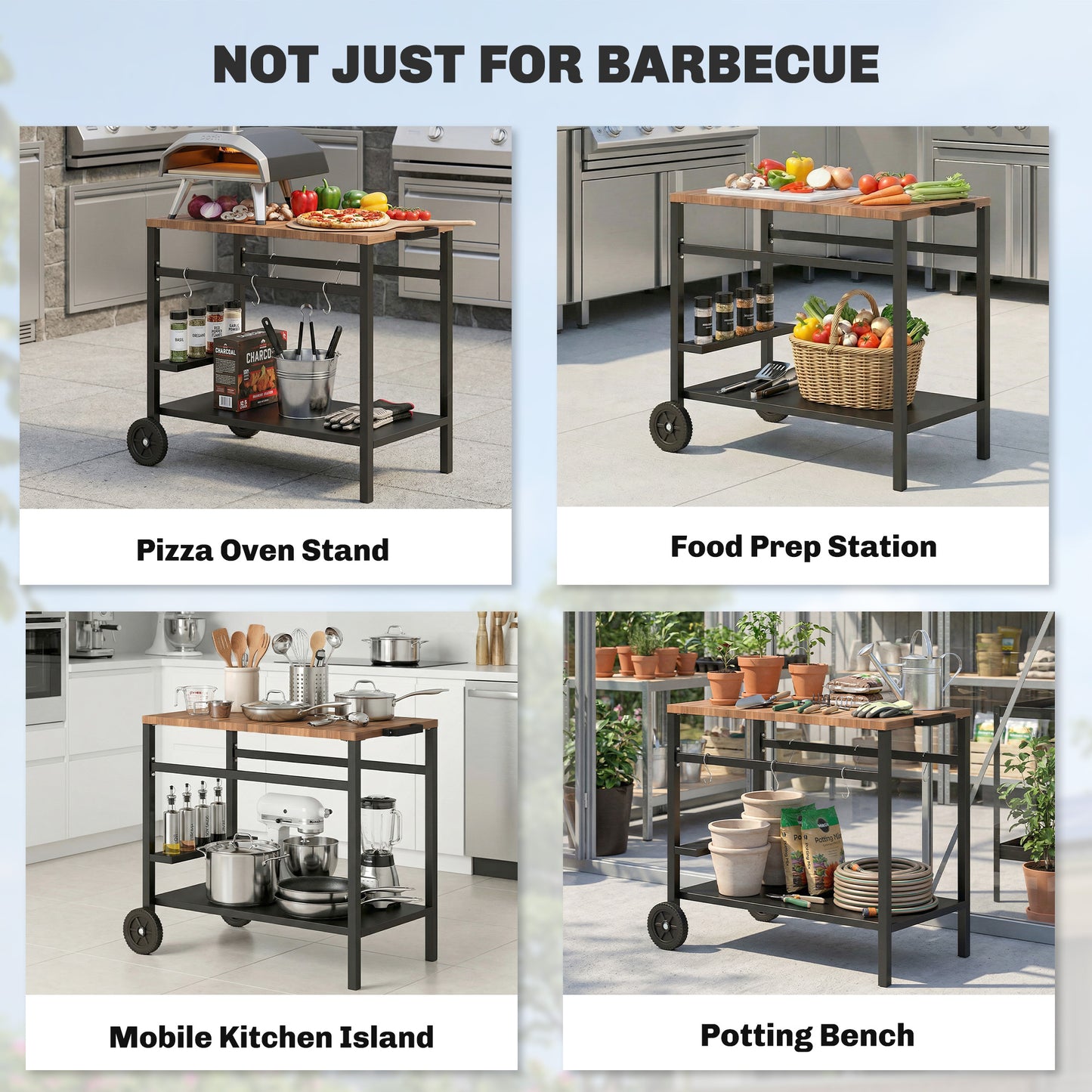 Outdoor Grill Cart, 2-Tier Pizza Oven Stand, BBQ Stand with Beverage Holder, Hooks, Wheels, Black and Brown