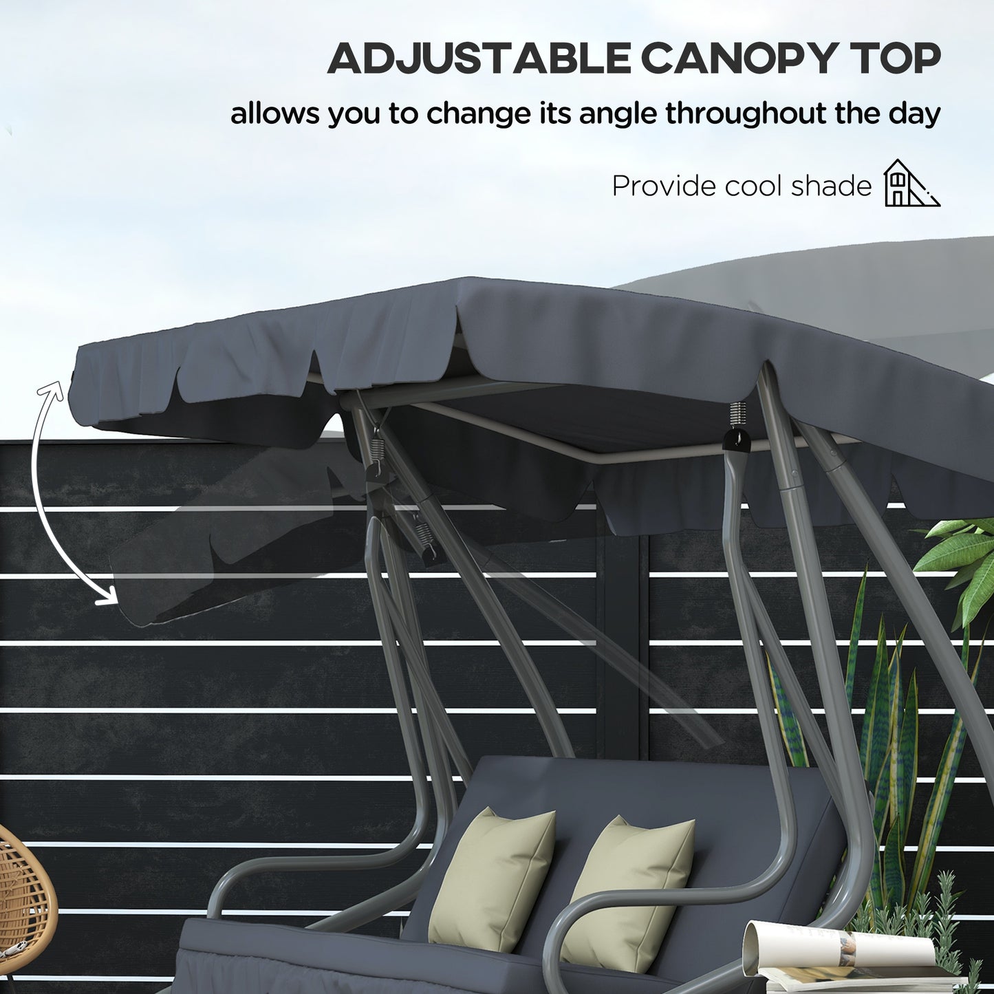 Outdoor 3-Seater Patio Swing Chair, Outdoor Swing Seat, with Adjustable Canopy and Two Pillows for Garden, Light Grey