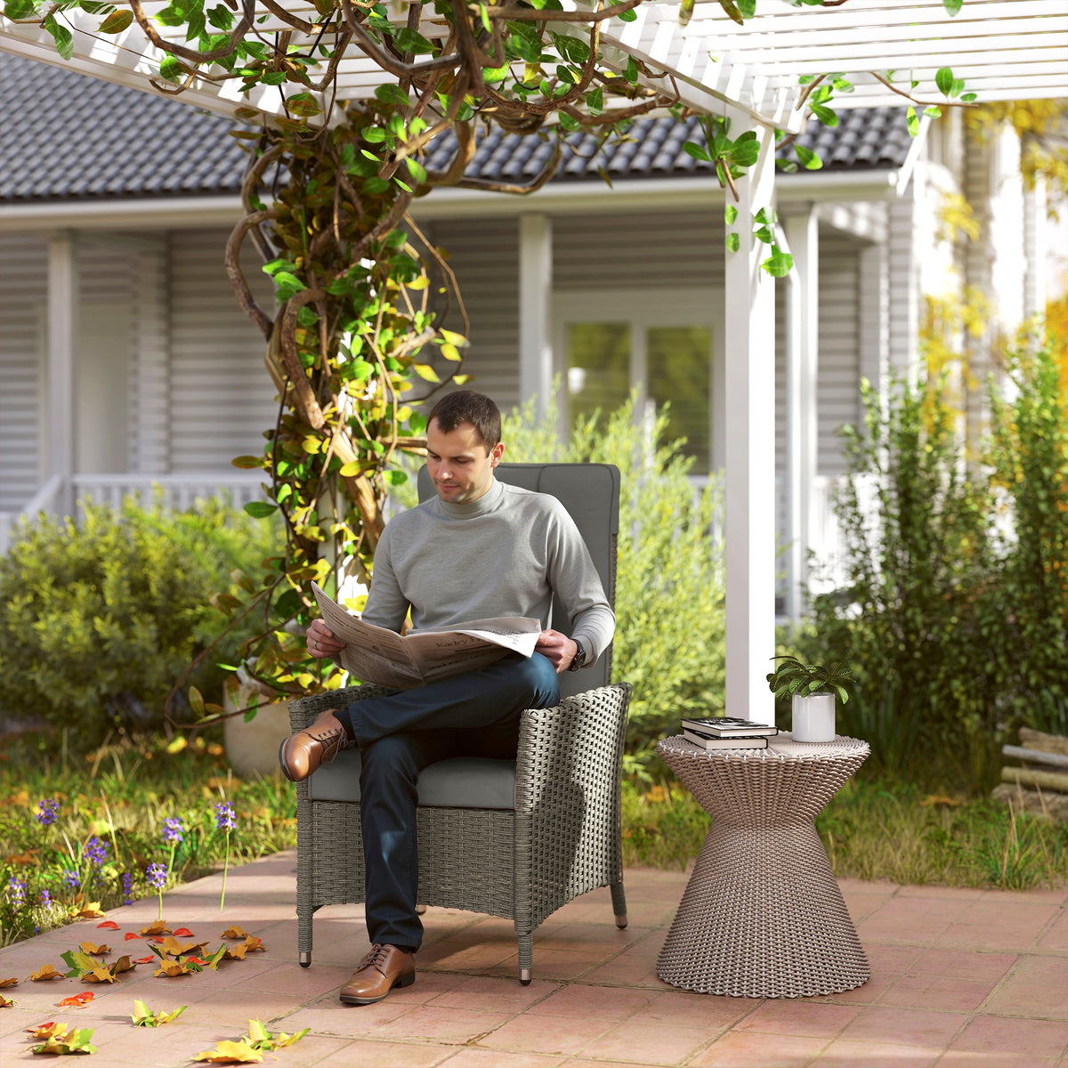 Wicker Outdoor Recliner Chair, Wicker Reclining Patio Chair with Adjustable Backrest and Cushion, Grey