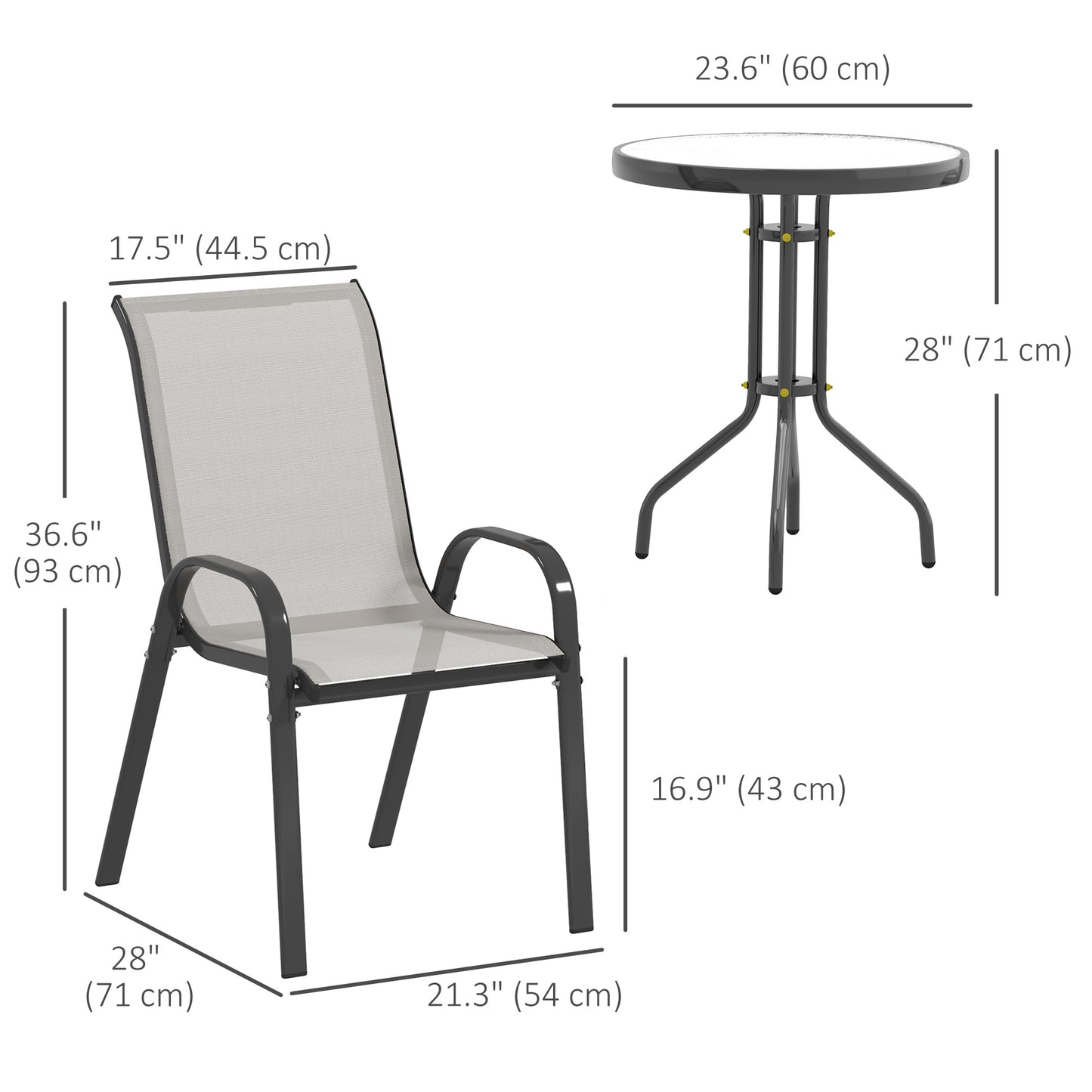3 Pieces Bistro Set, Small Patio Furniture Set with Stackable Mesh Chairs, Glass Table for Garden, Light Mixed Brown