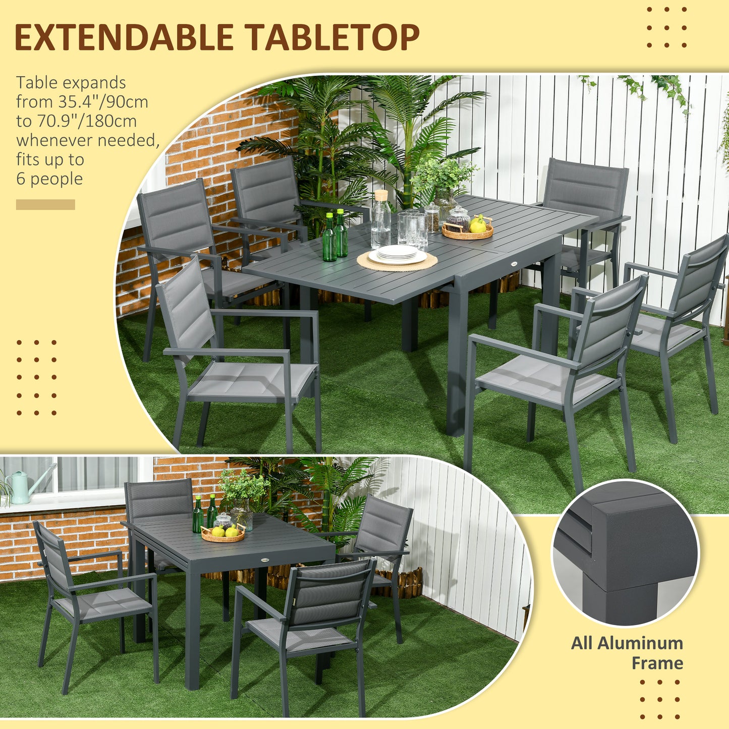 Patio Dining Set for 6, Aluminum Expandable Outdoor Table and 6 Stackable Chairs with Padded Back, Mesh Seat, Black
