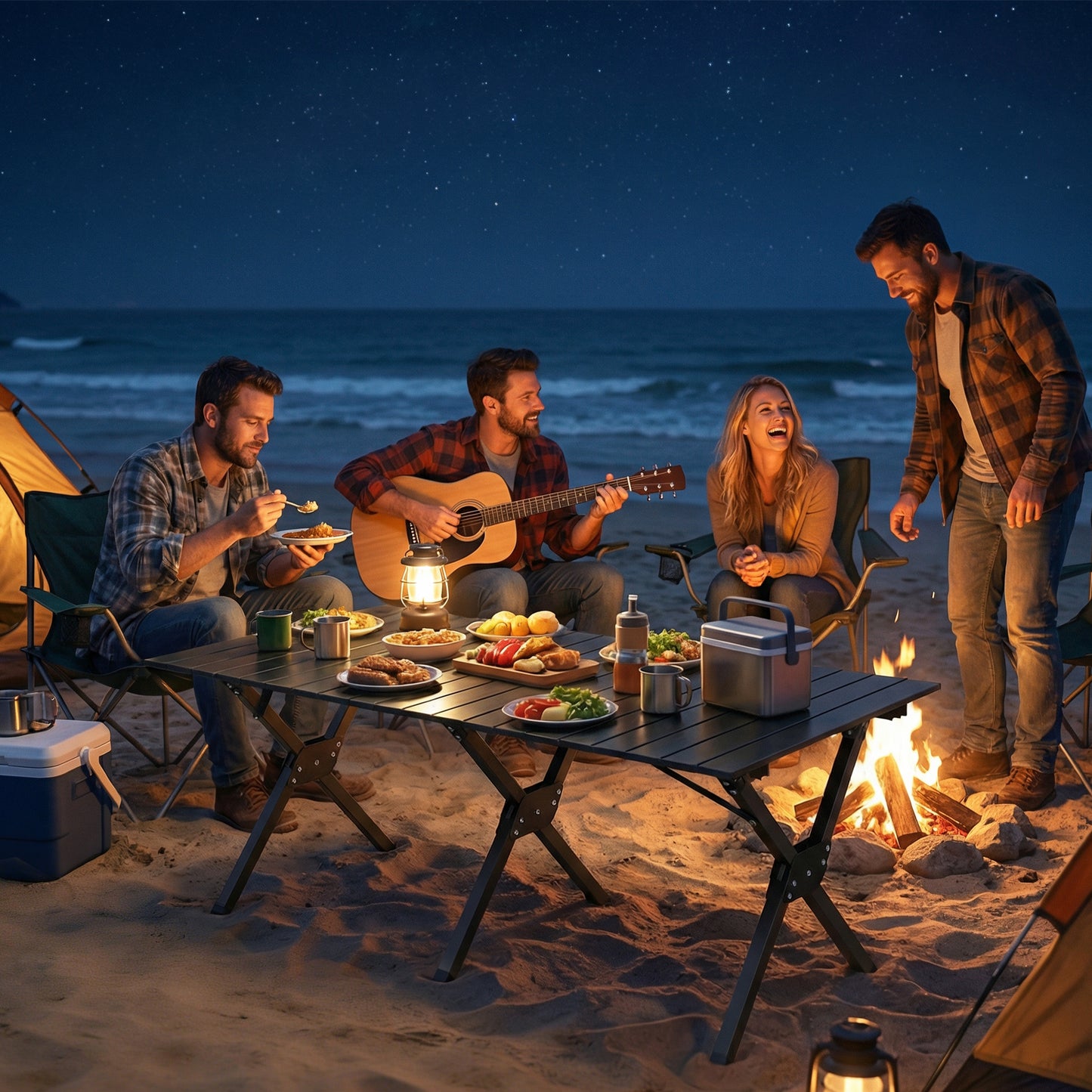 4ft Folding Camping Table, Waterproof Picnic Table with Roll Up Top and Metal Frame, Black
