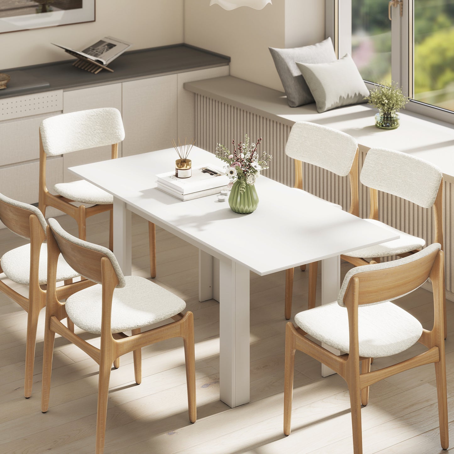 Modern Extendable Dining Table, 55.1 x 31.5 in, for 6-8 People, Expandable Dining Table for Kitchen, White