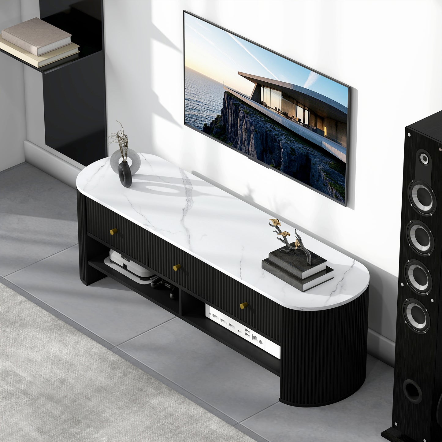 TV Stand, Modern TV Table with Marble-Effect Top, 3 Drawers and 2 Open Shelves for 32-65 Inch Television, Black