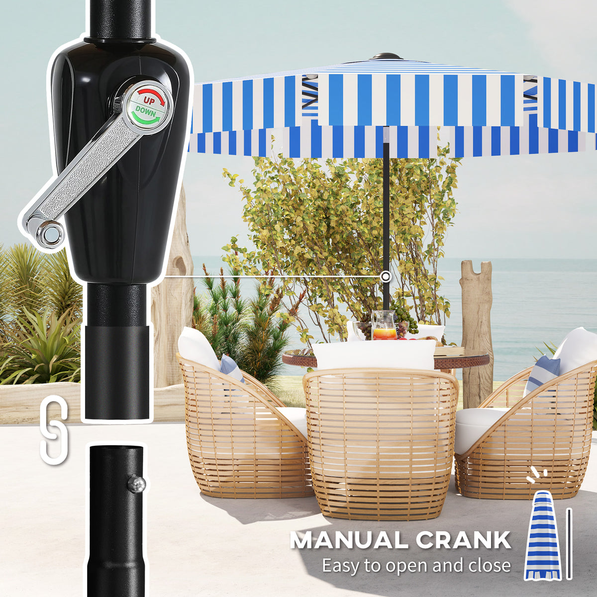 8.7FT Tilting Patio Umbrella with 8 Ribs, Crank Handle, Air Vent for Outdoor, Garden and Pool, Navy Blue