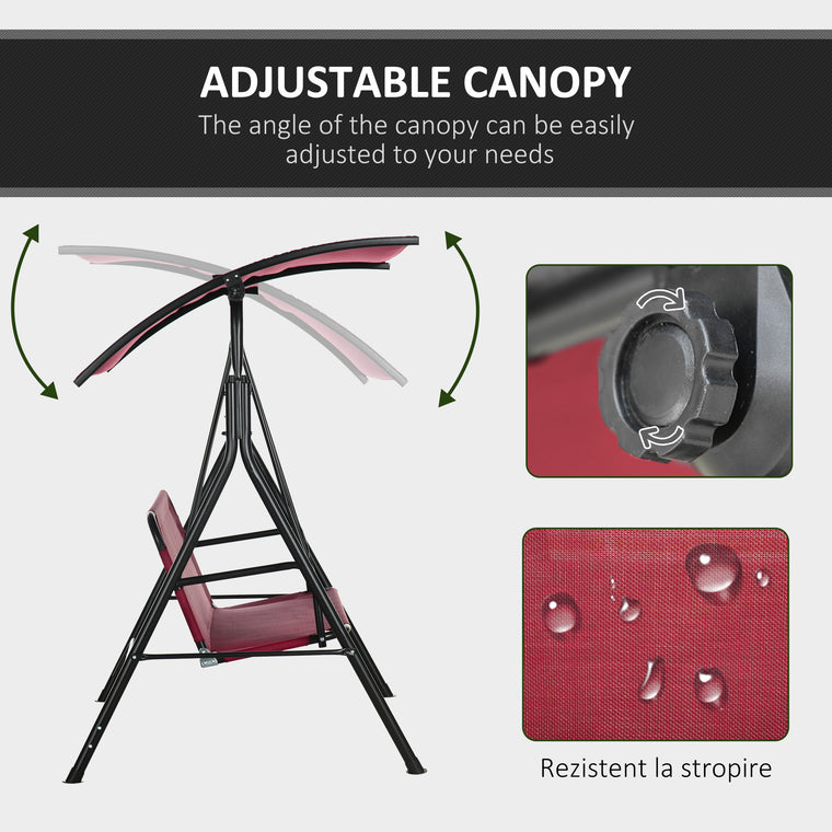 3-Seater Porch Swing Chair with Adjustable Canopy - Wine Red