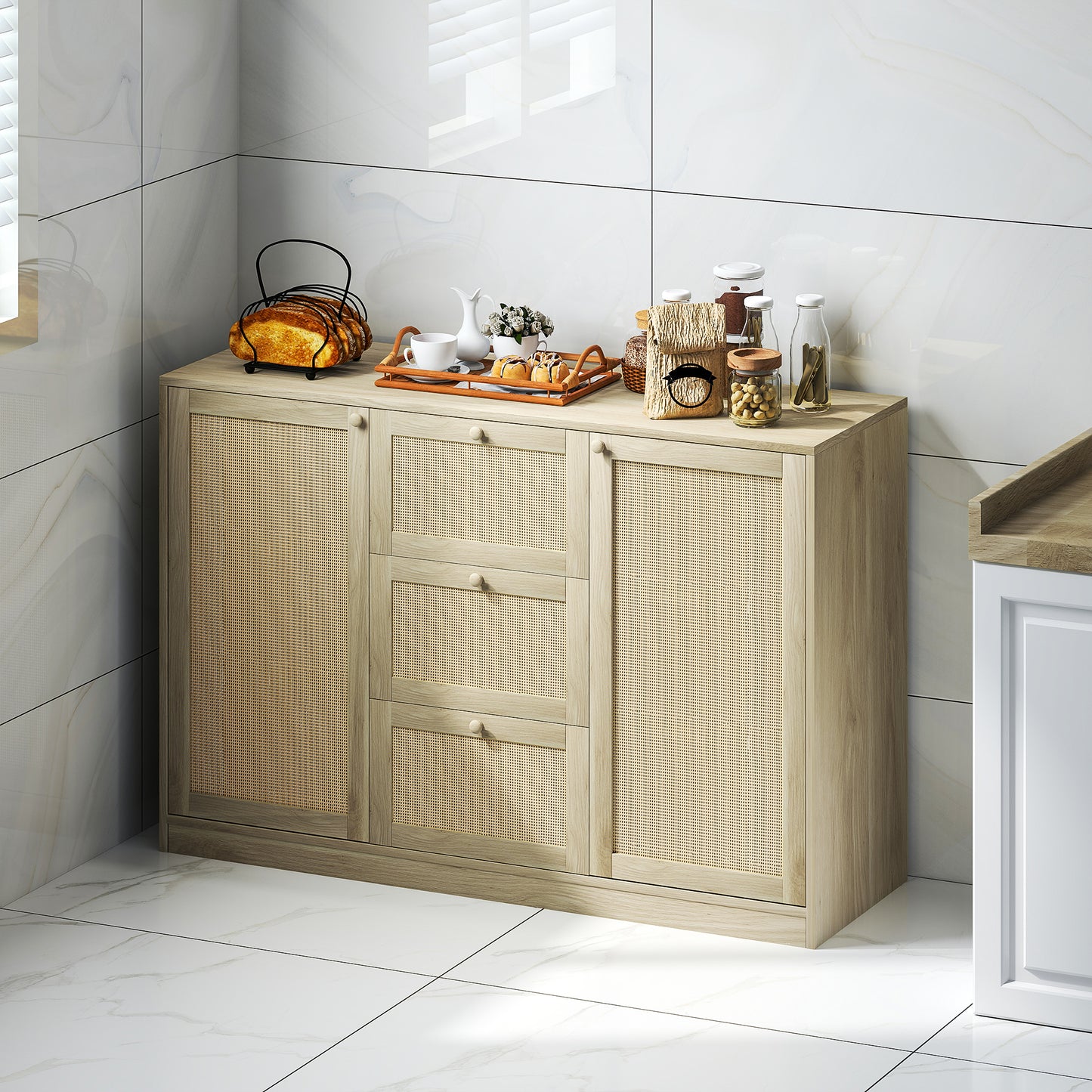 Boho Sideboard Buffet Cabinet, Kitchen Coffee Bar Cabinet with 3 Drawers, 2 Adjustable Shelves and 4 Racks, Natural
