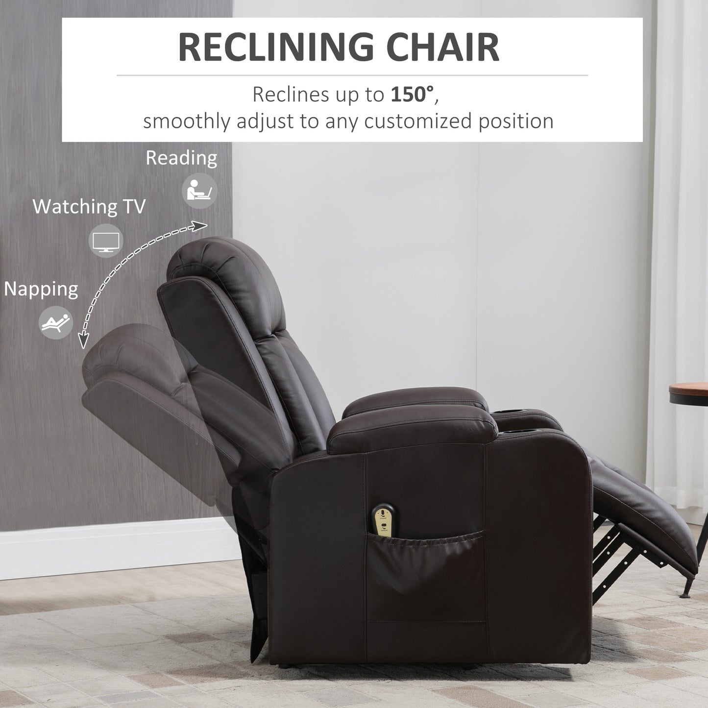 Electric Power Lift Chair, PU Leather Recliner Sofa with Footrest, Remote Control and Cup Holders, Brown