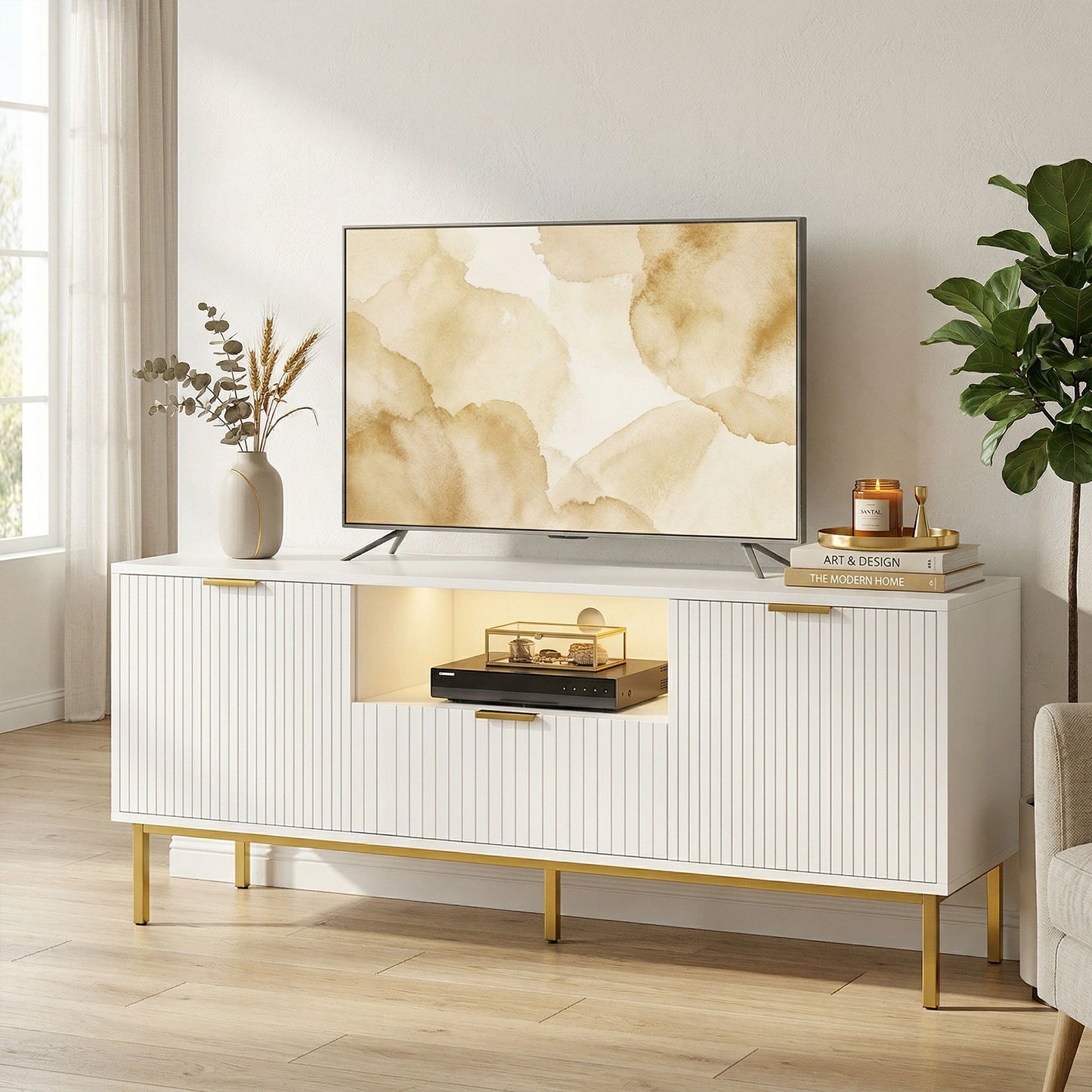 Modern TV Console for TVs up to 60 Inch, Entertainment Center with Smart RGB LED Lights and Soft Close Doors, White