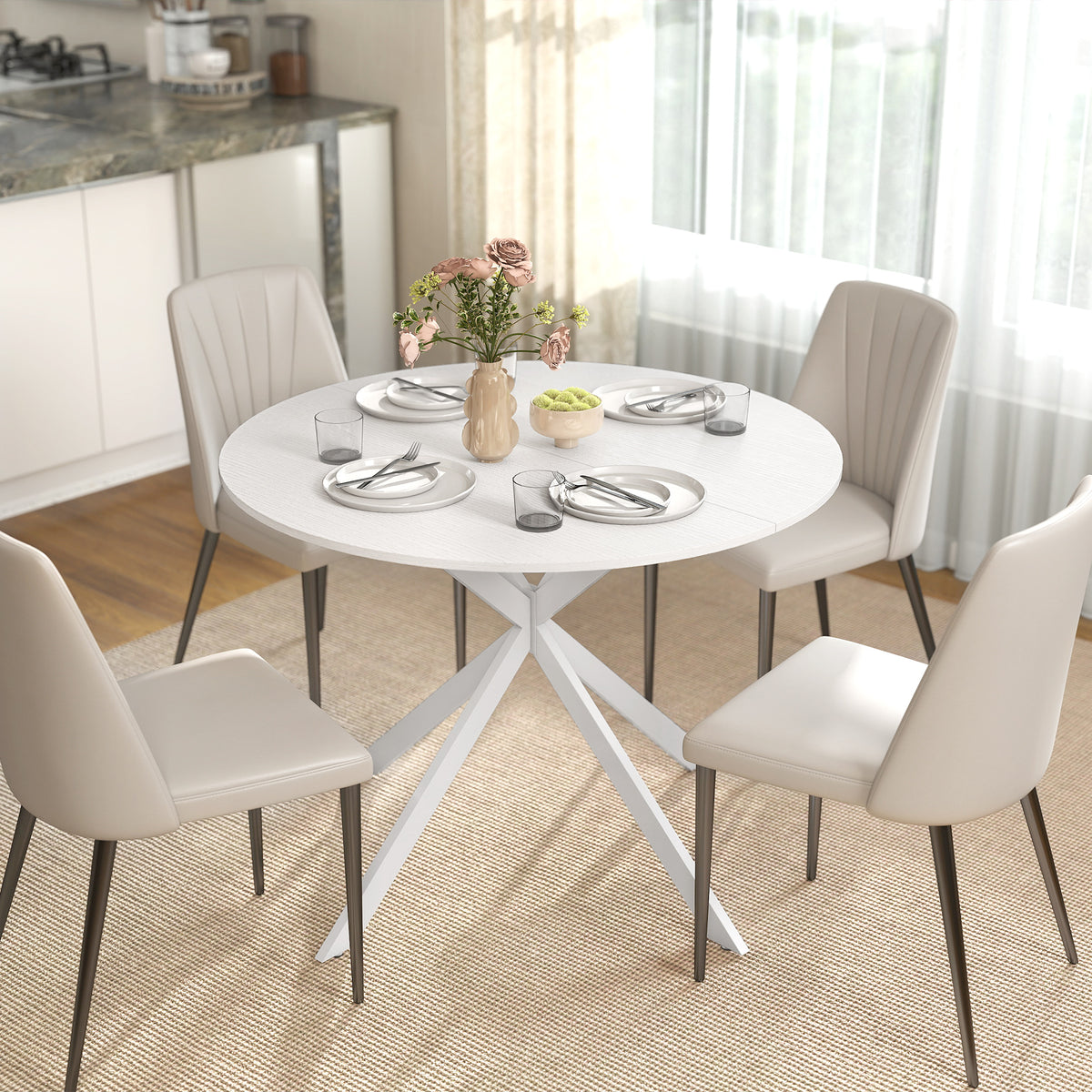 40" Round Kitchen Table for 4, Industrial Dining Table with Steel Legs for Dining Room, White Oak
