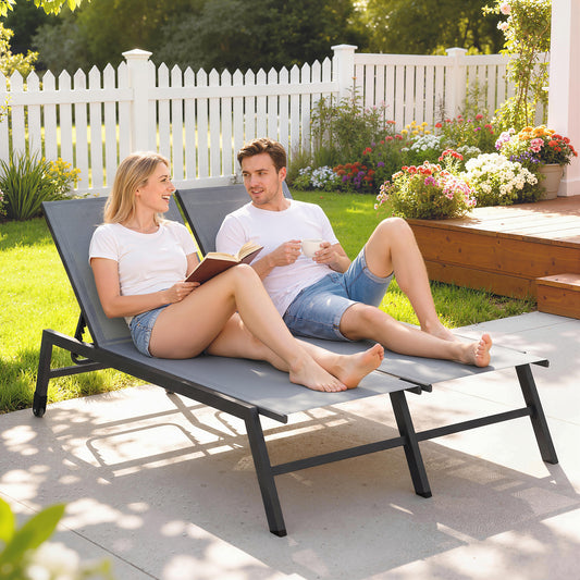 Chaise Lounge Chair for 2 Person, Outdoor Lounge Chair with 5-Position Adjustable and Wheels