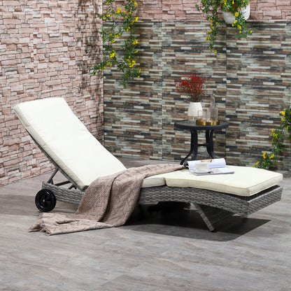 Cream White Wicker Chaise Lounge with Wheels