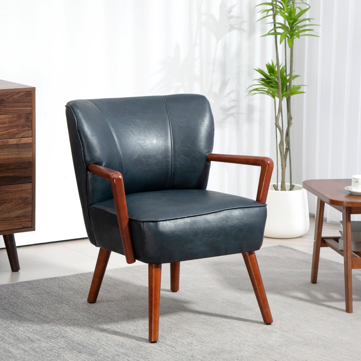 Accent Chair, Modern Armchair, Faux Leather Upholstered Living Room Chair with Wood Legs and Wide Padded Seat, Blue