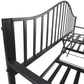 Outdoor Bench with Retractable Middle Table, Metal Frame Patio Loveseat with Slatted Seat and Backrest, Curved Armrests, Black