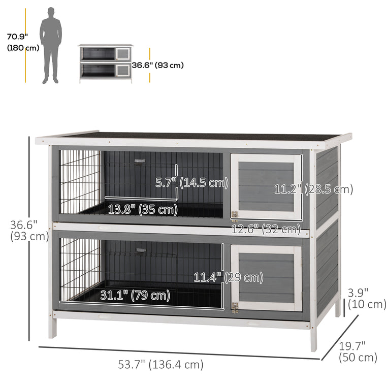 2-Tier Grey Wooden Bunny Pet House with Coop Run