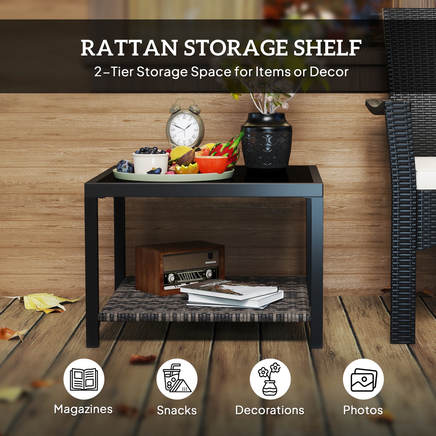23.6" Rattan End Table, Outdoor Coffee Table with Tempered Glass Top, Storage Shelf for Patio, Garden, Balcony, Black