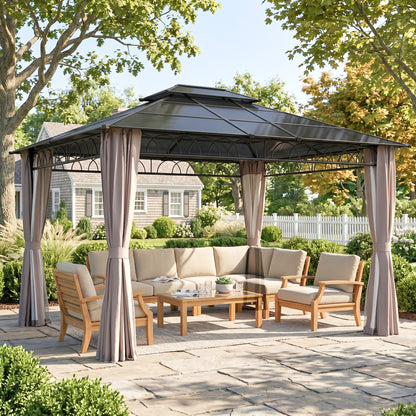 10' x 12' Khaki Double Roof Hardtop Gazebo with Curtains
