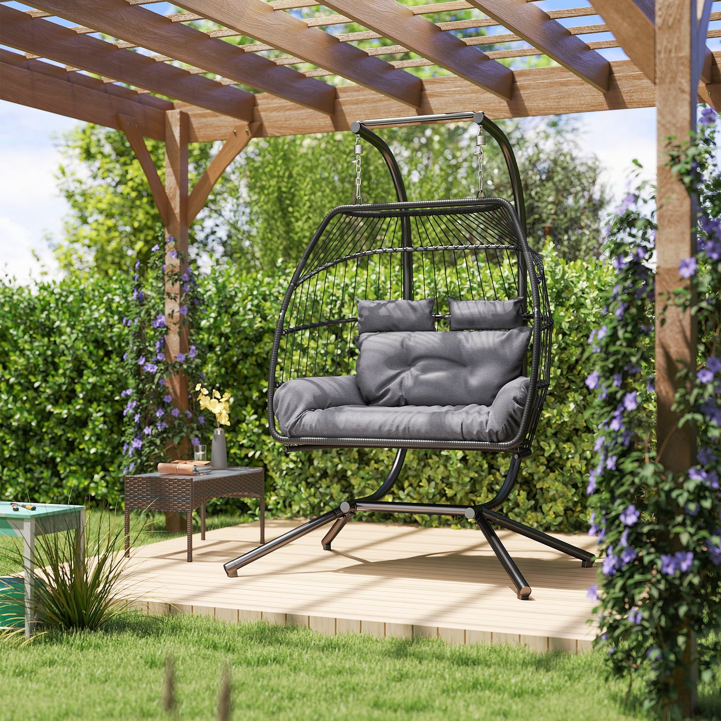 Double Wicker Egg Swing Chair with Stand, Foldable Hanging Egg Chair with UV Resistant Cushion, Headrest, Cream White