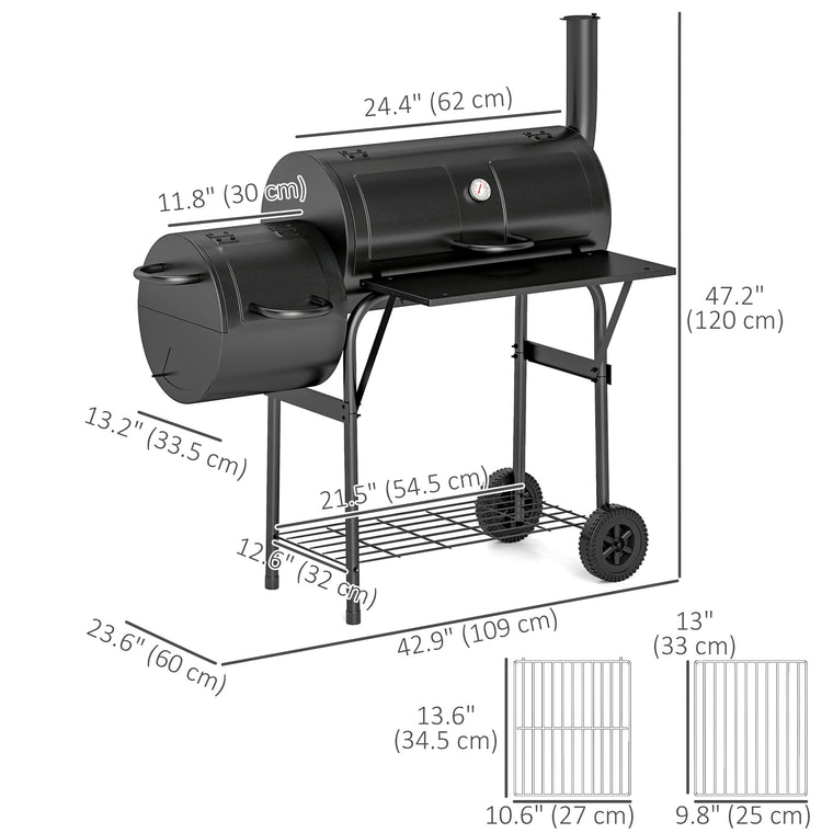 Black Charcoal BBQ Grill with Offset Smoker & 2 Shelves