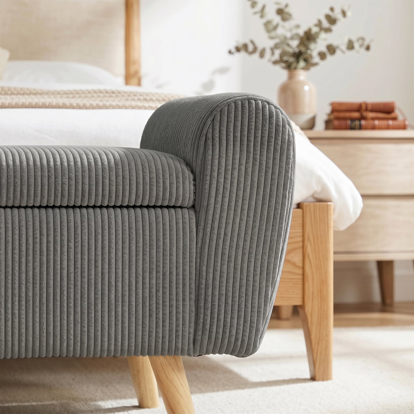 Storage Ottoman, 59" Corduroy End of Bed Storage Bench for King Size Bed with Wooden Legs and Rolled Arms, Dark Grey