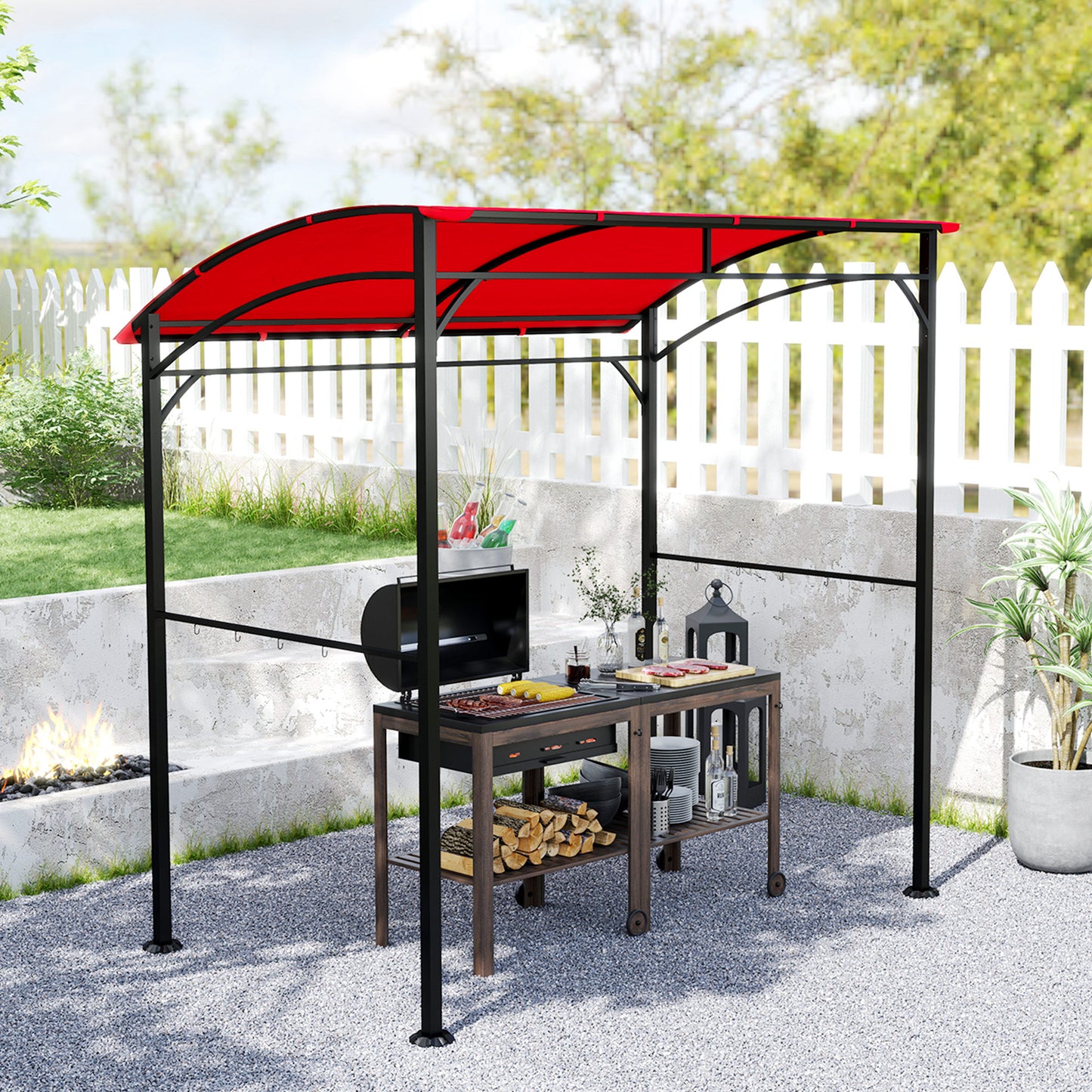 7' x 5' Garden Grill Canopy, BBQ Grill Gazebo Tent with Steel Frame and Hooks, Outdoor Sun Shade, Wine Red