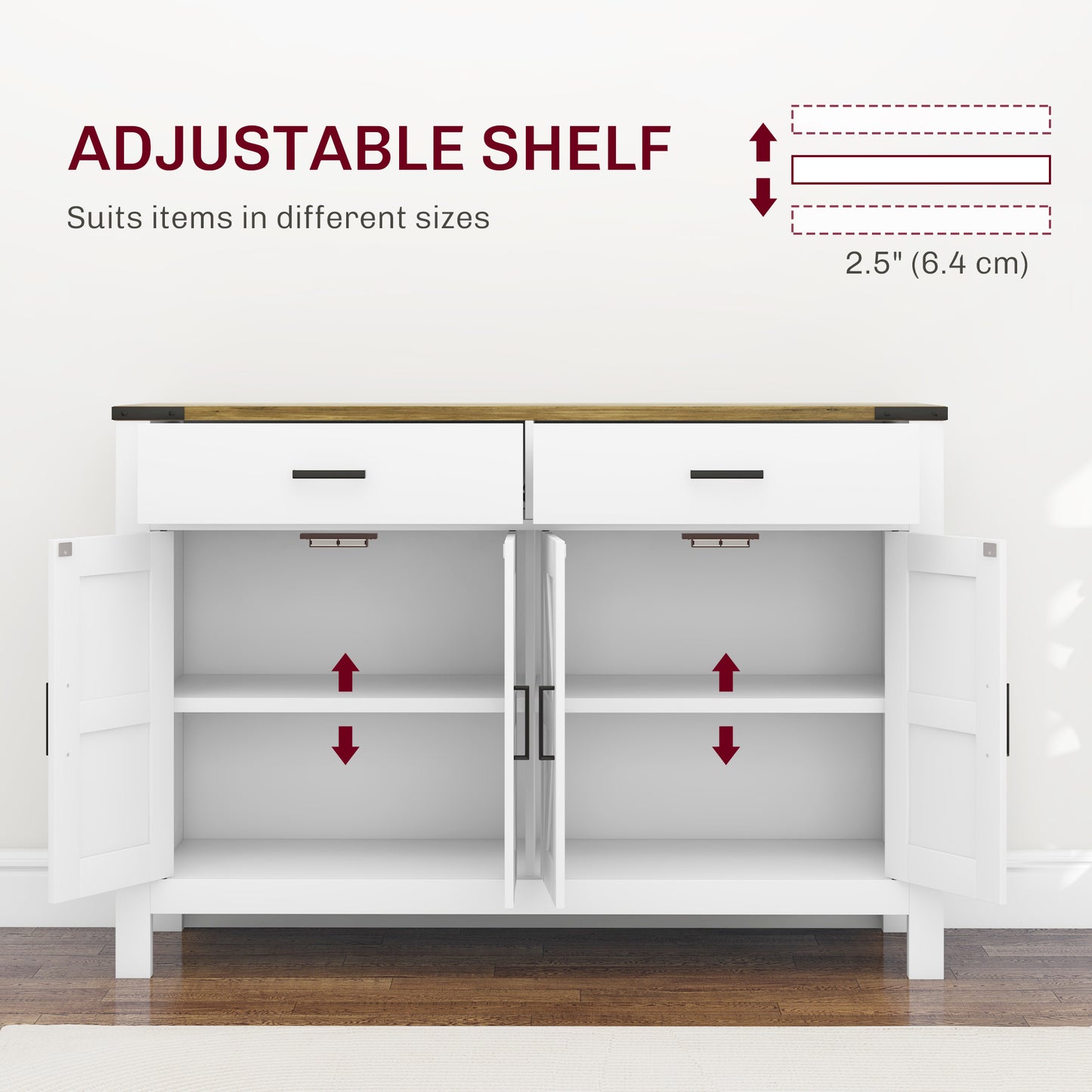 Sideboard Buffet Cabinet, Farmhouse Kitchen Storage Cabinet w/ 2 Drawers and Shelves for Living Room, Entryway