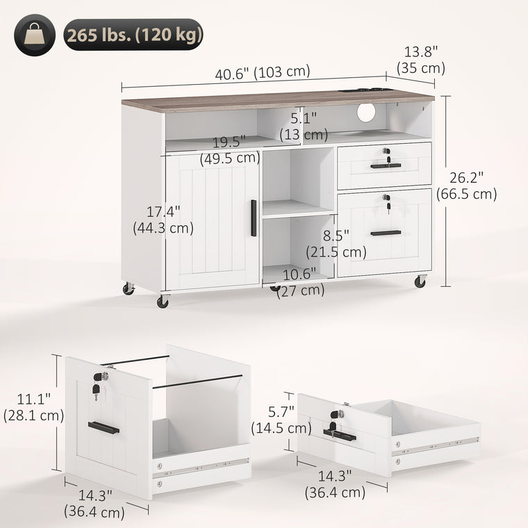 Mobile Printer Stand with Charging Station & Lock - White
