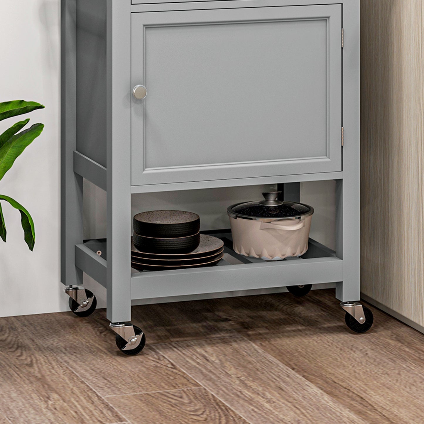 Kitchen Cart on Wheels, Rolling Kitchen Island Cart with Wood Top, Towel Rack, Drawer and Shelf for Dining Area, Grey