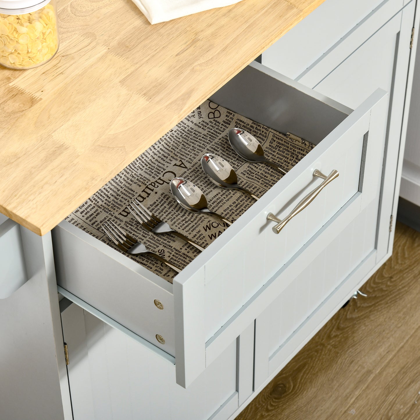 41" Kitchen Island with Storage and Solid Wood Top, Rolling Kitchen Cart on Wheels with 2 Storage Drawers, 2 Doors and Towel Rack for Dining Room, Grey