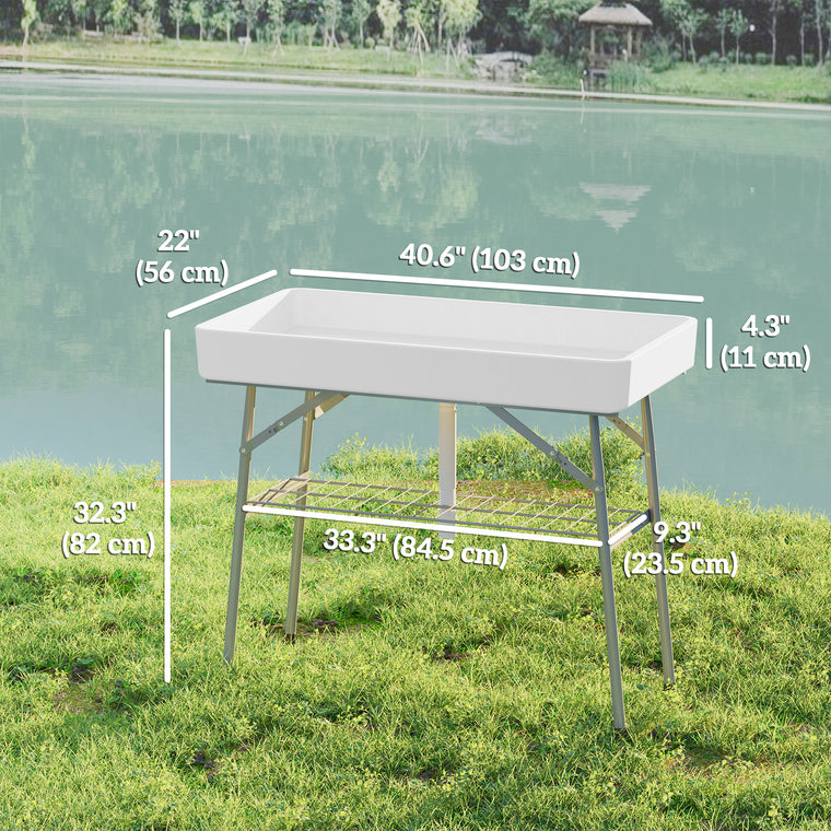 3.4' White Folding Ice Cooler Table with Drain & Storage Shelf