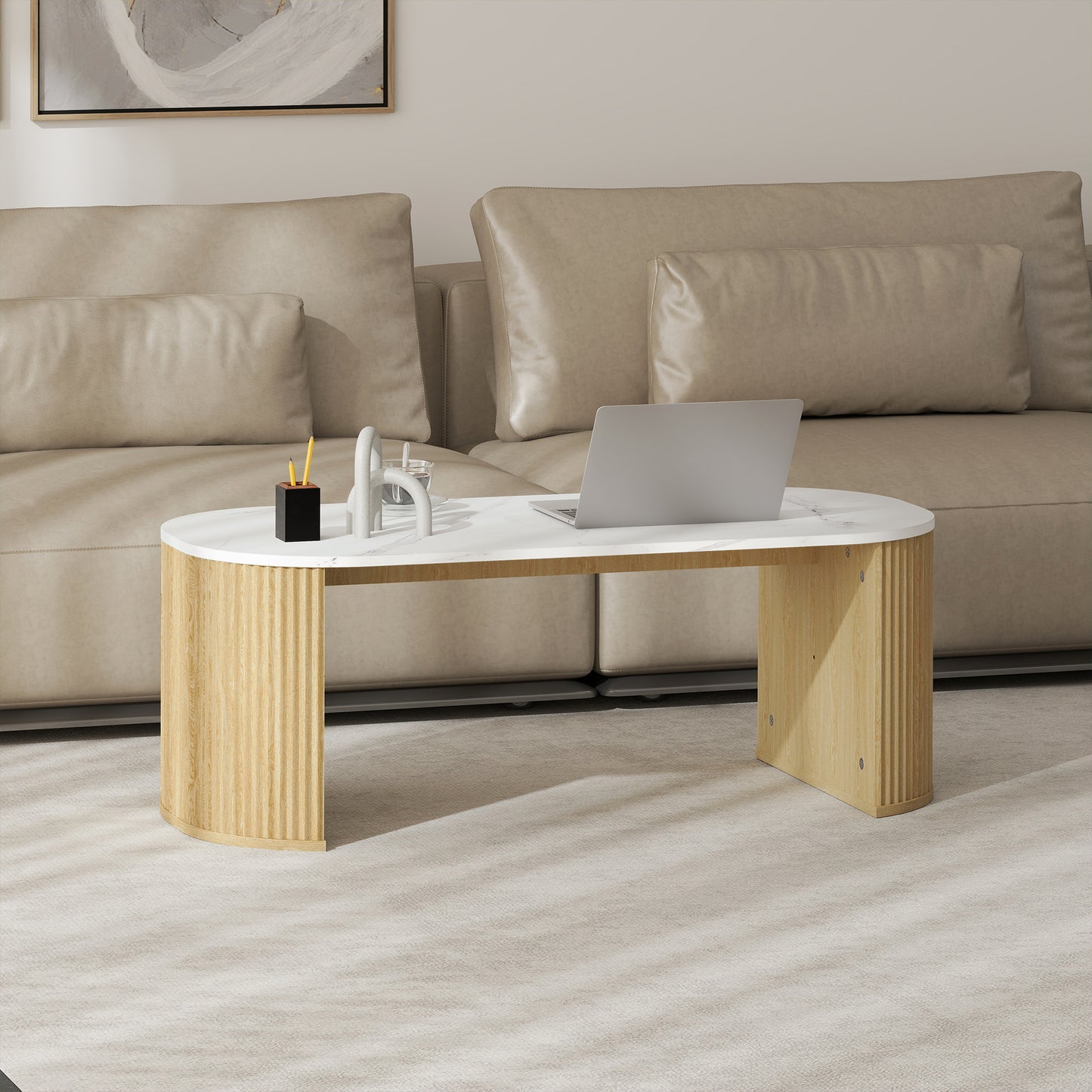 Coffee Table, Modern Marble-Effect Living Room Table with Round Corners and Thicken Legs, Natural Wood