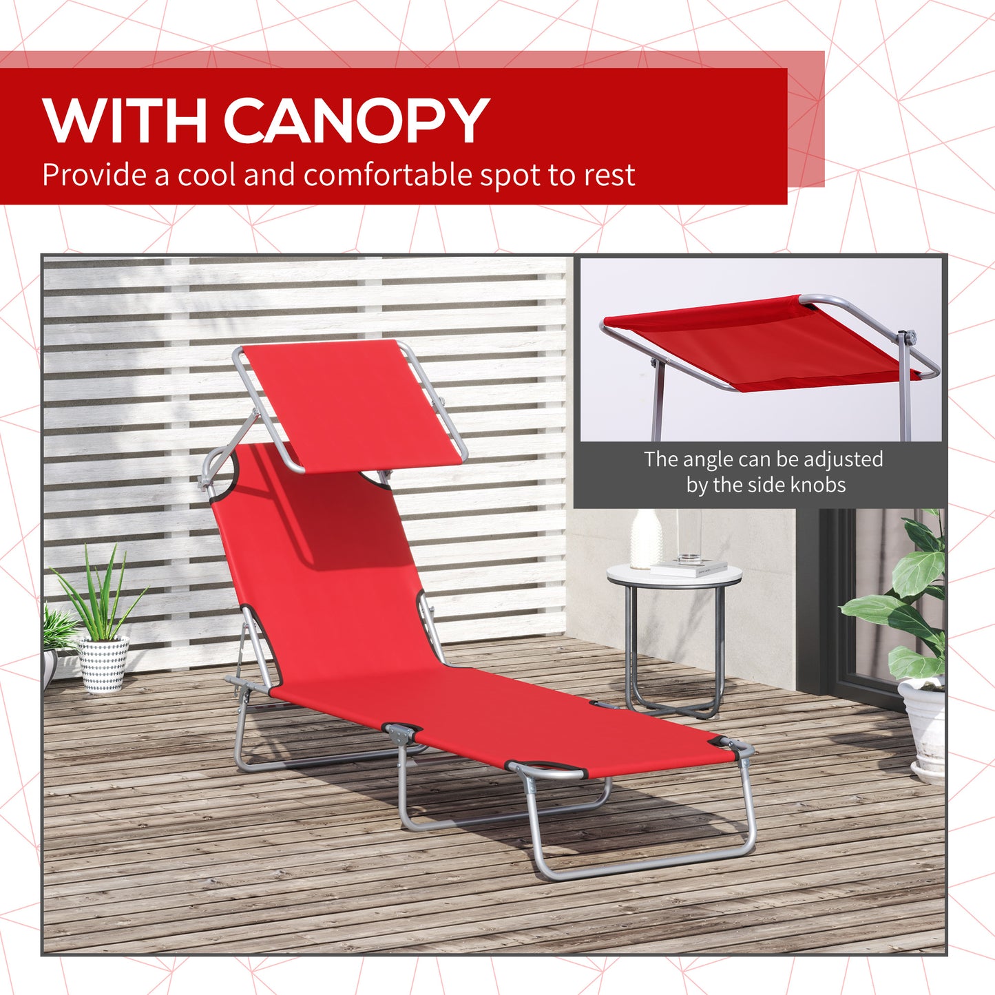 Outdoor Lounge Chair, Adjustable Folding Chaise Lounge, Tanning Chair with Sun Shade for Beach, Camping, Hiking, Backyard, Light Grey