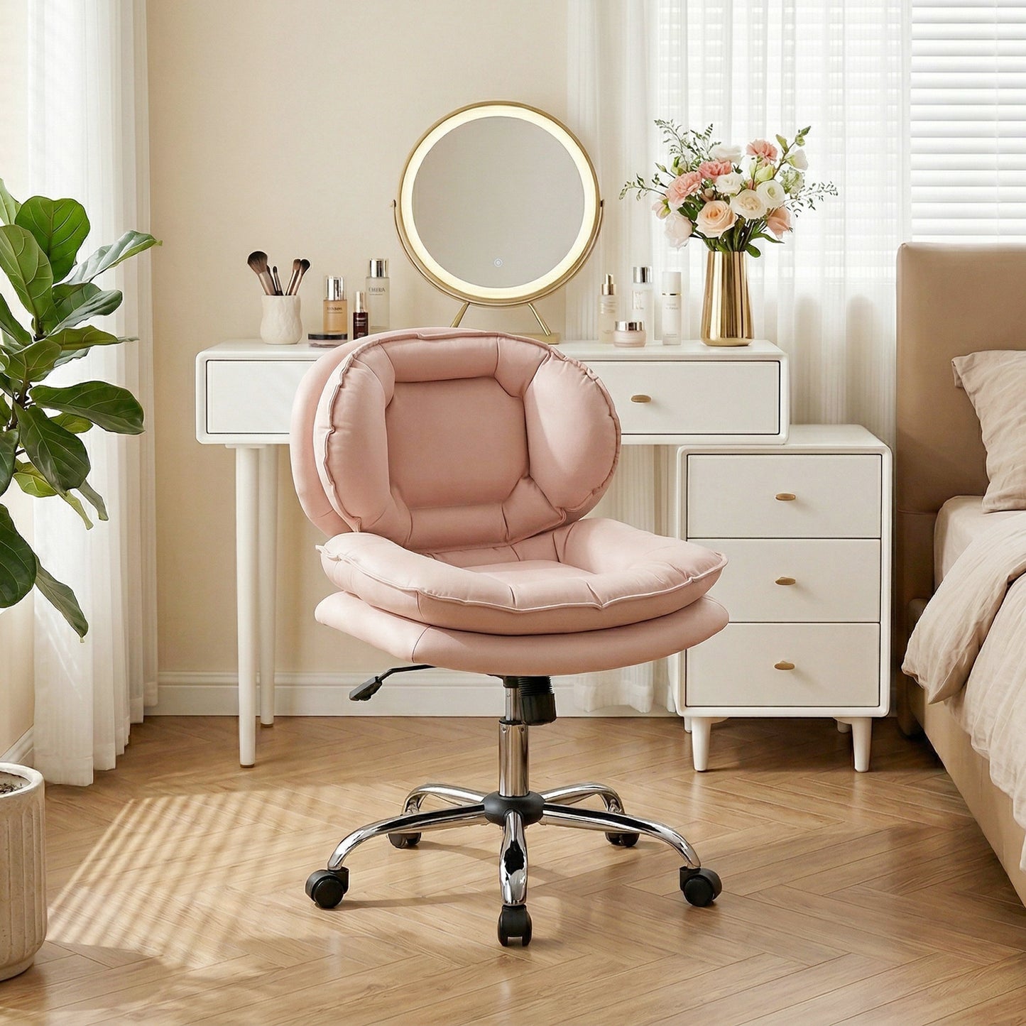 Criss Cross Chair, Swivel Wide Office Chair with Leathaire Upholstery, Tilting, No Arm, Pink