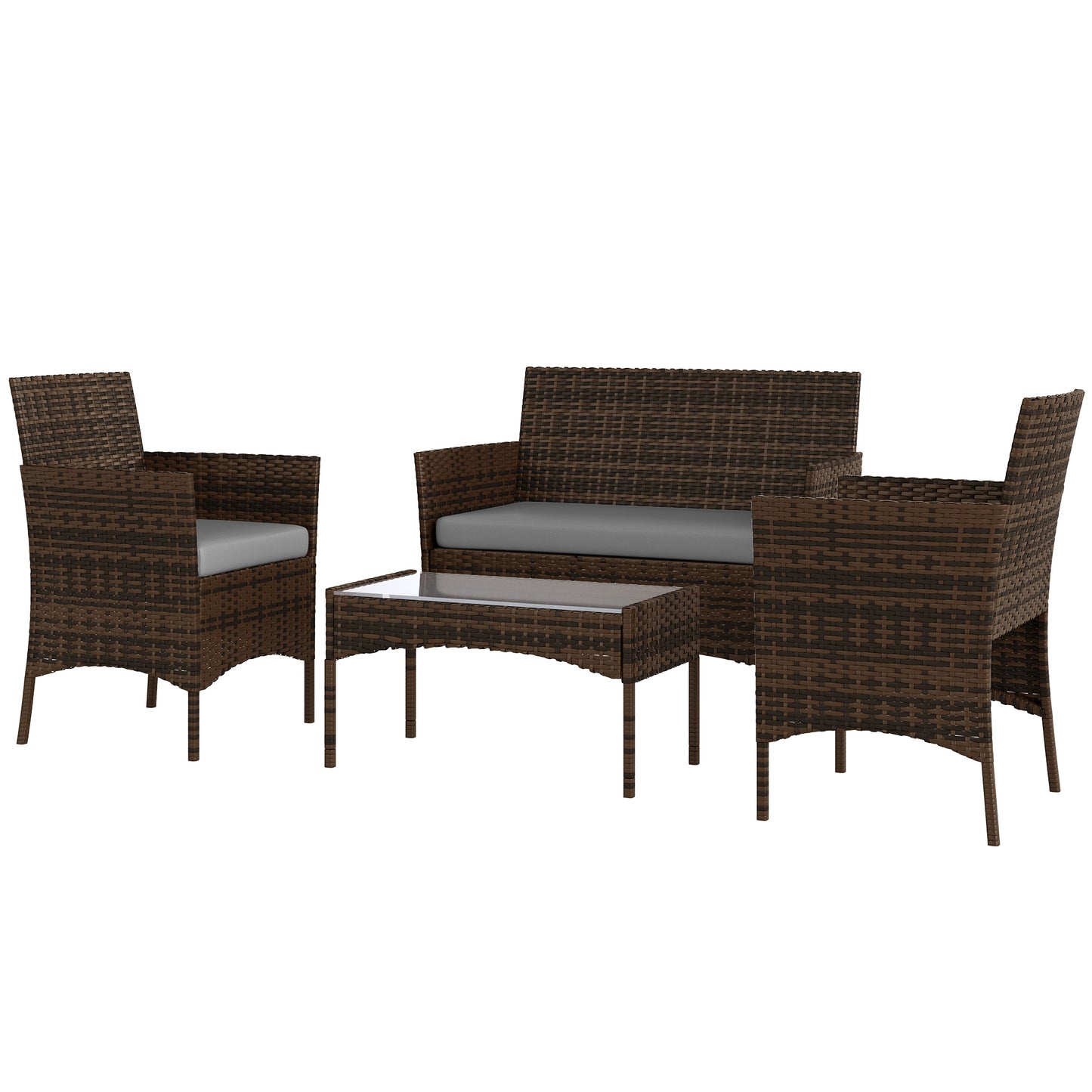 4 Pieces Wicker Outdoor Balcony Furniture Set Rattan Patio Furniture Set with Loveseat Chairs Glass Coffee Table Beige