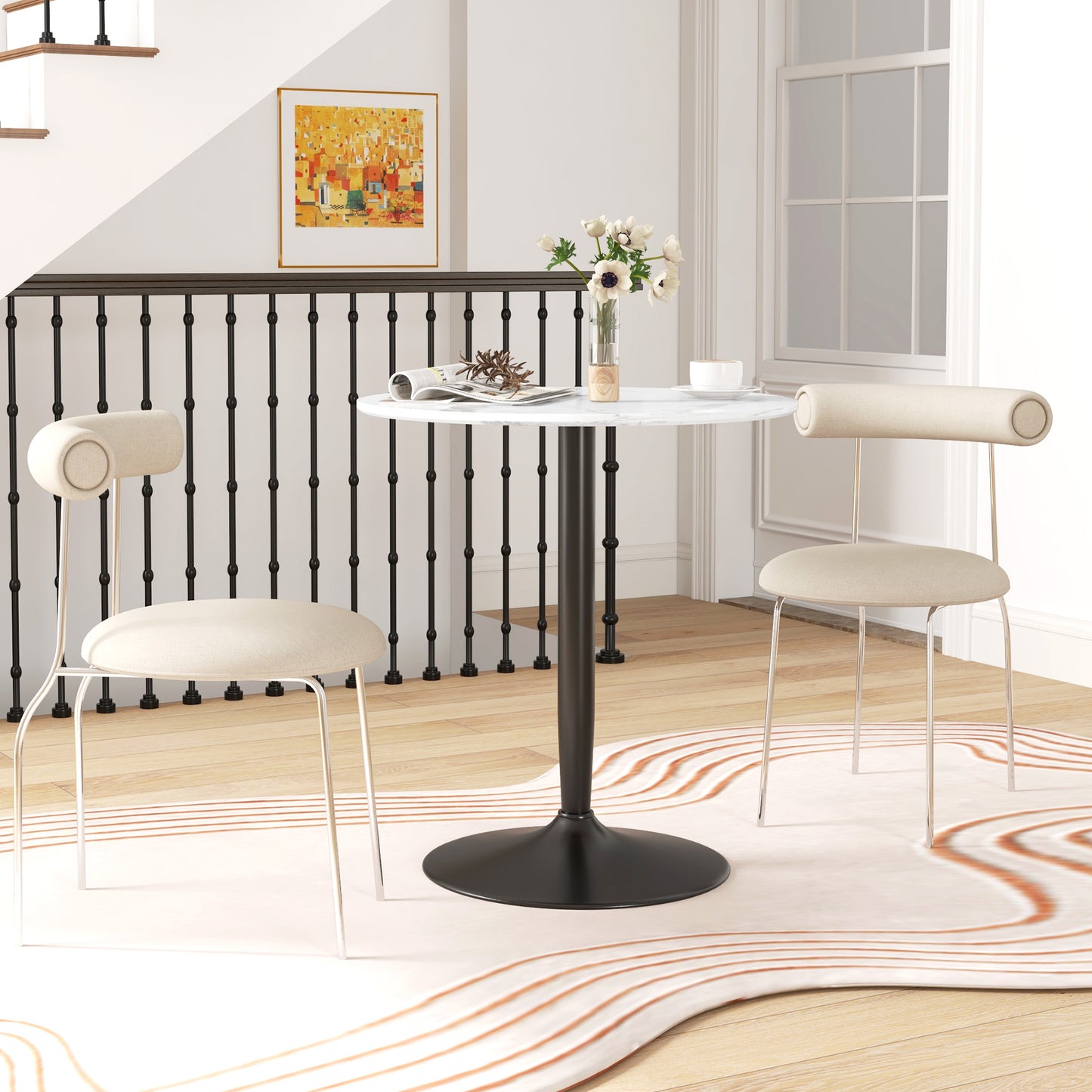 Modern Kitchen Table for 2 People, Round Dining Table with Steel Base for Living Room, Dining Room, White Marble
