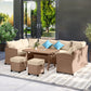 6 Pieces Patio Furniture Set, Outdoor Wicker Sofa Set, All Weather PE Rattan Conversation Furniture, with Strip Wood Grain Plastic Coffee Table & Cushions, Khaki