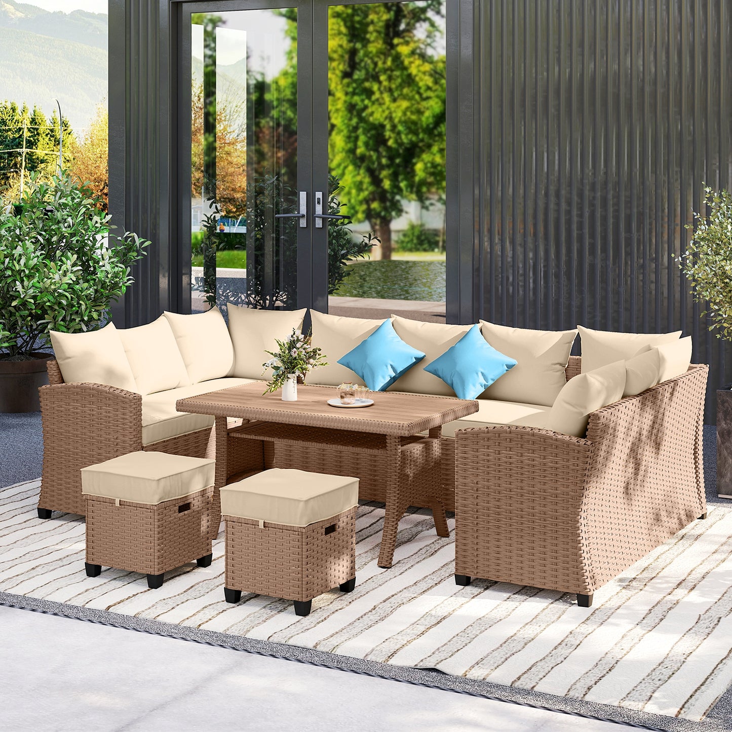 6 Pieces Patio Furniture Set, Outdoor Wicker Sofa Set, All Weather PE Rattan Conversation Furniture, with Strip Wood Grain Plastic Coffee Table & Cushions, Khaki