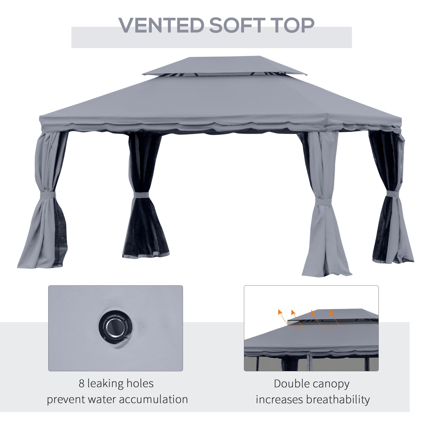 13' x 10' Patio Gazebo, Double Roof Outdoor Gazebo Canopy Shelter with Netting & Curtains, Strong Aluminum Frame, Dark Grey