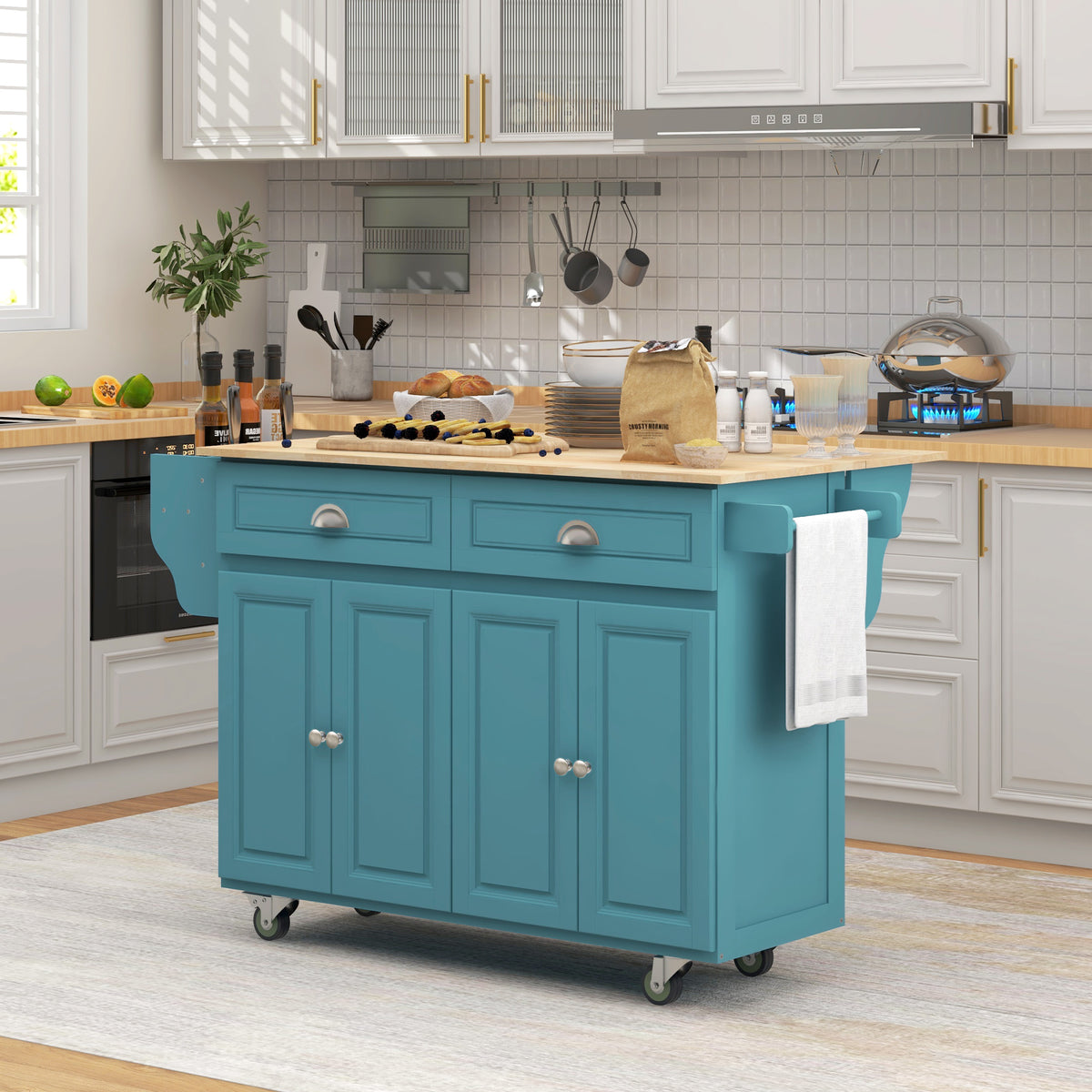 Kitchen Island with Storage, Rolling Kitchen Island with Drop Leaf, Rubber Wood Top and Adjustable Shelves, Light Blue