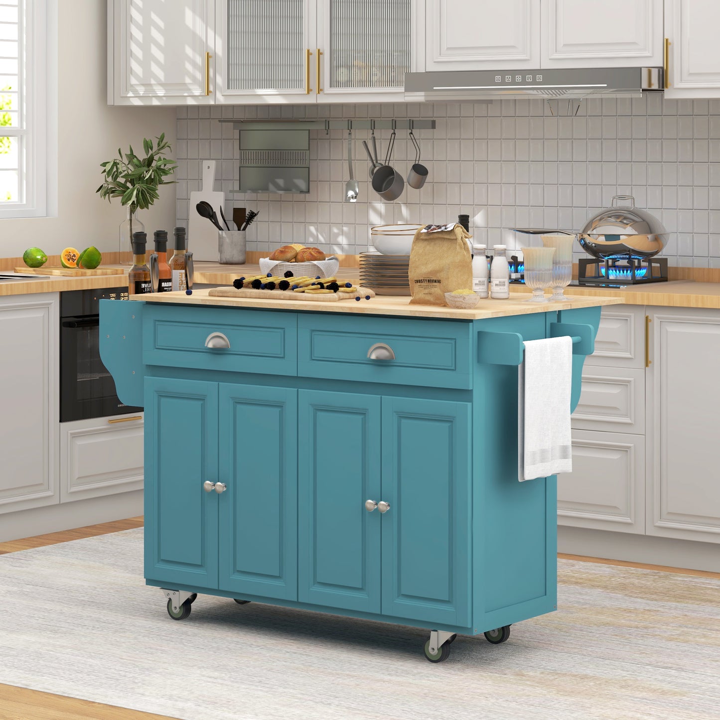 Kitchen Island with Storage, Rolling Kitchen Island with Drop Leaf, Rubber Wood Top and Adjustable Shelves, Light Blue