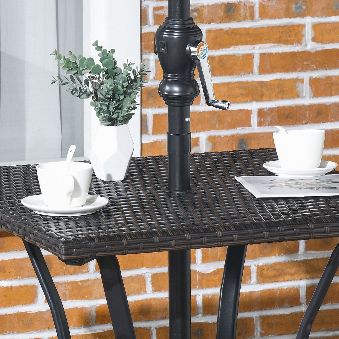 Patio Wicker Dining Table with Umbrella Hole, 34 Inch Outdoor PE Rattan Coffee Table with Plastic Board Under the Woven Table Top for Patio, Garden, Balcony, Mixed Brown