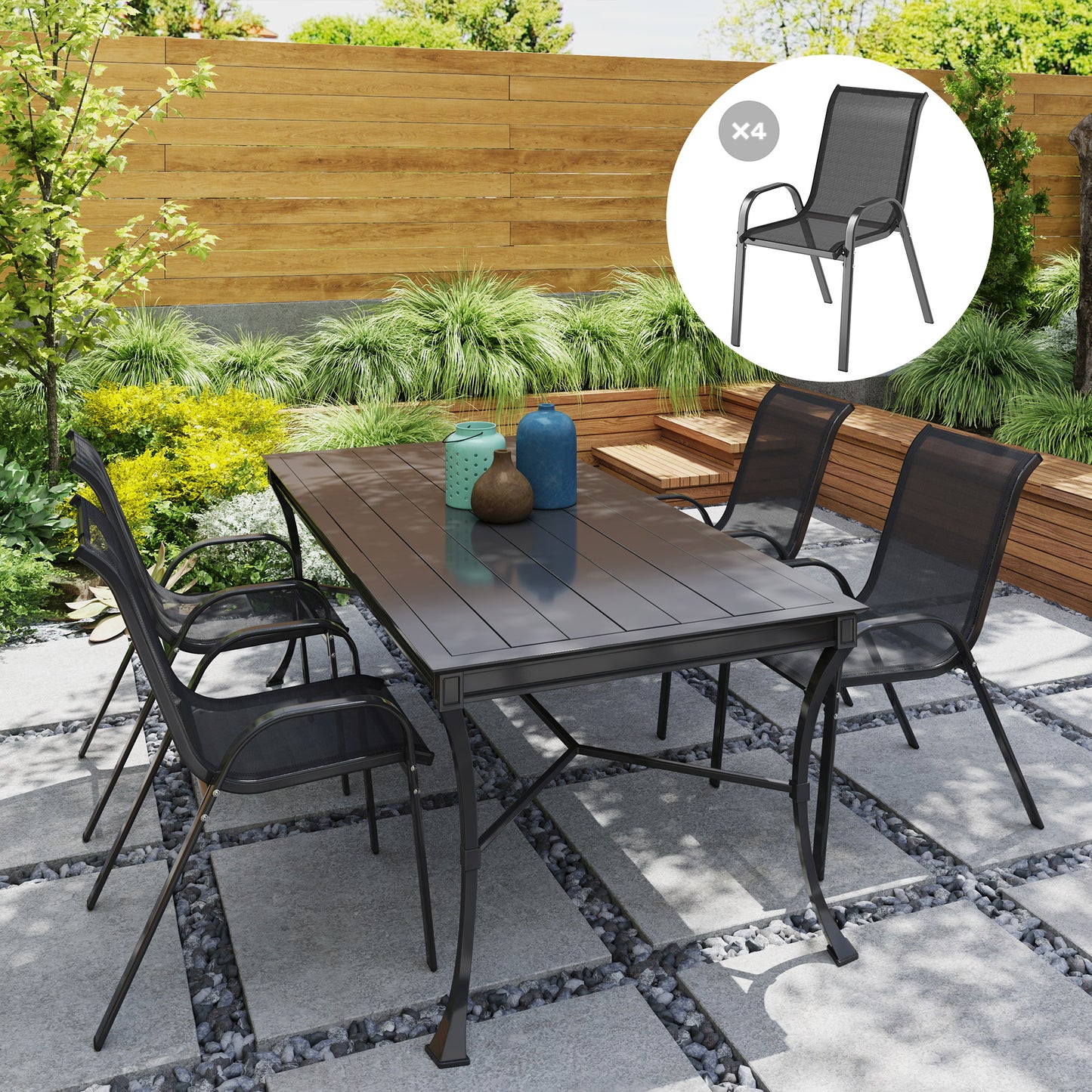 Set of 4 Outdoor Dining Chairs, Stackable Lawn Chairs with High Back, Breathable Mesh Seat for Garden Porch, Black