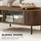 Coffee Table with Sliding Tambour Doors and Storage Center Table with Metal Legs, 39", Brown