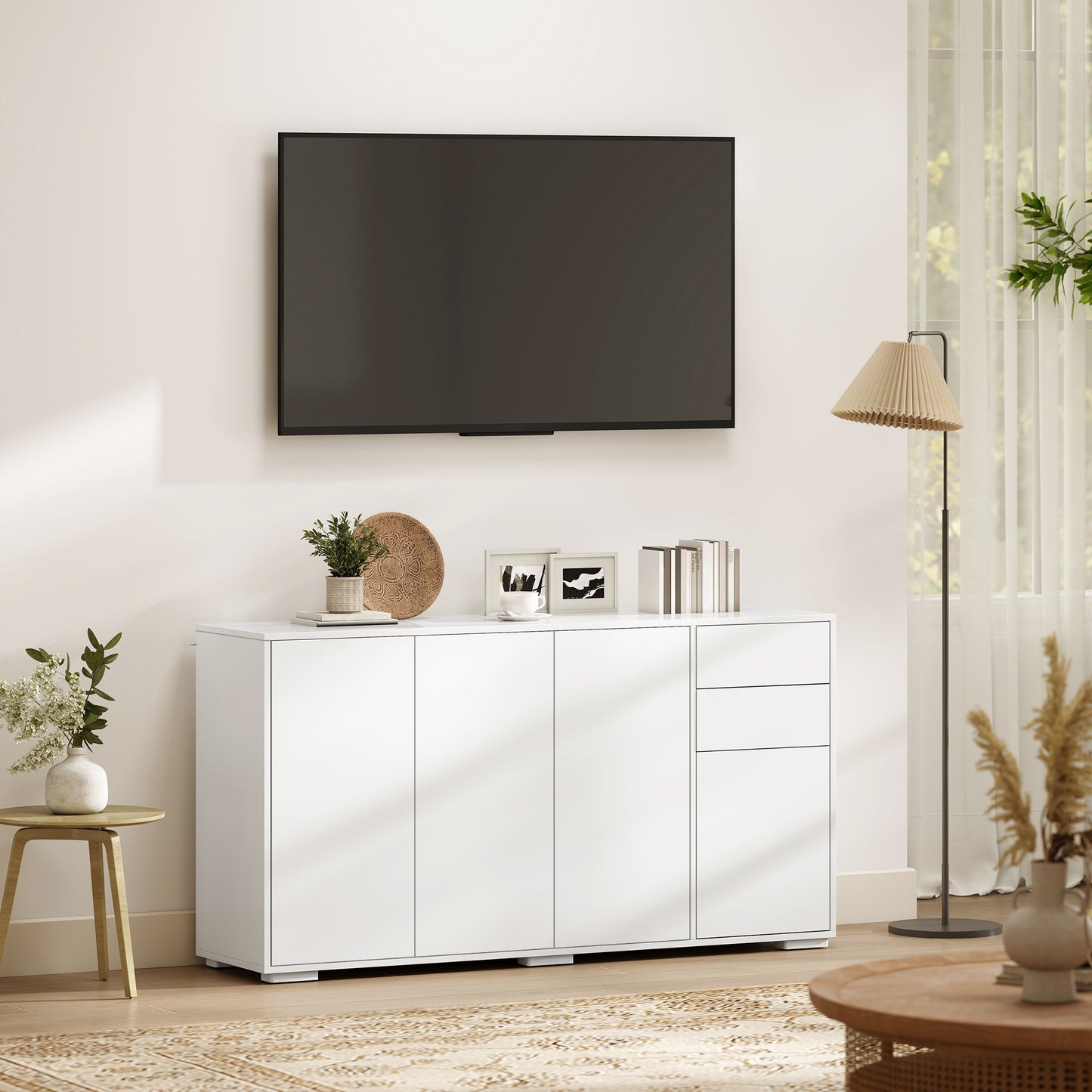 Kitchen Sideboard Storage Cabinet, Modern Coffee Bar Cabinet with Push-Open Design and 2 Drawers for Living Room, White